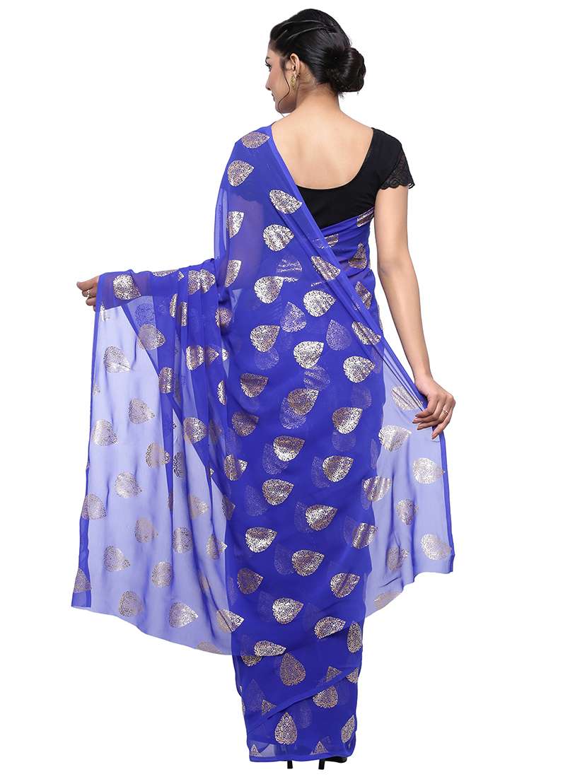 women's foil print royal blue colored saree with blouse - 17232024 -  Standard Image - 1
