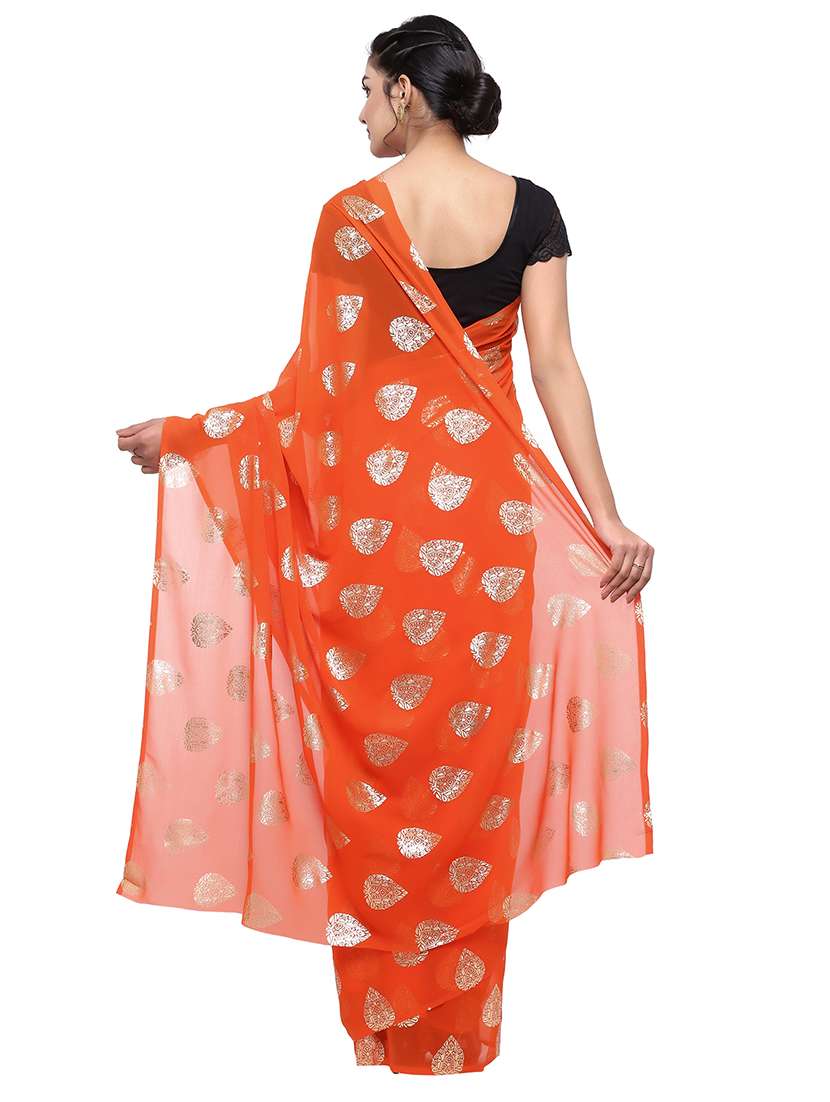 women's foil print orange colored saree with blouse - 17232029 -  Standard Image - 1