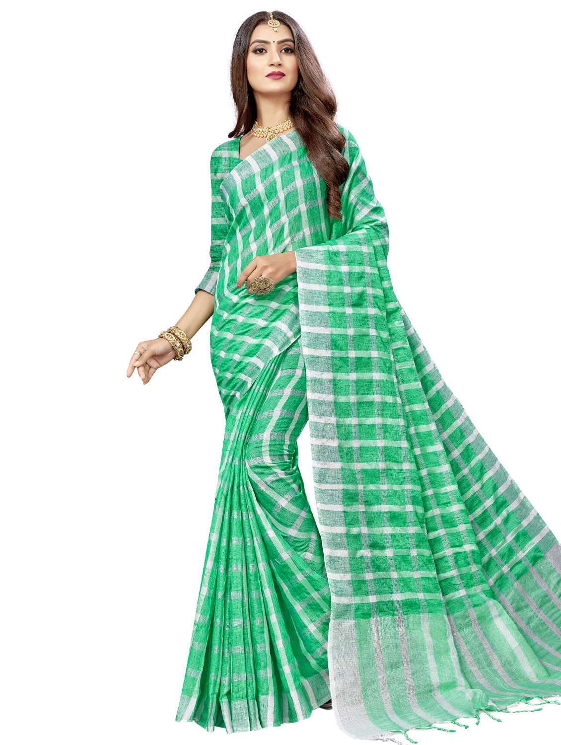 women's checks green colored saree with blouse