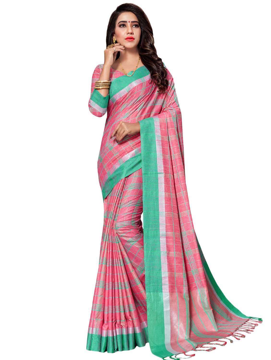 checkered woven saree with blouse