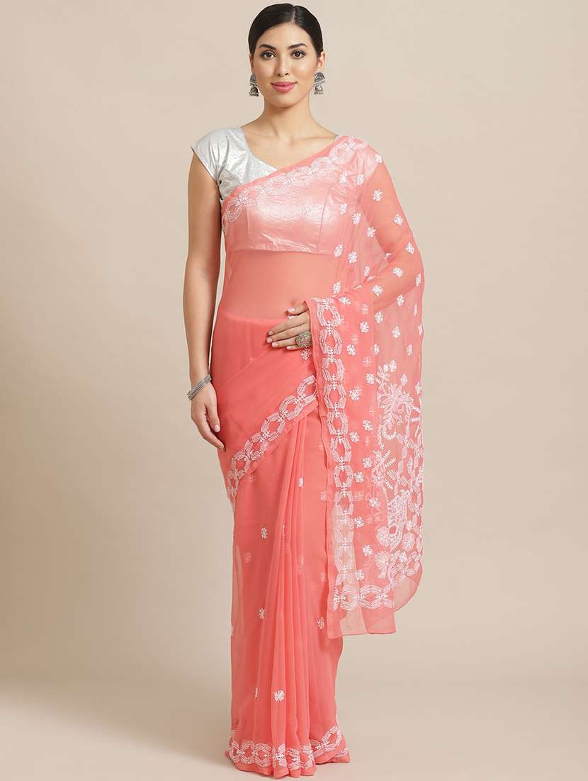 peach georgette saree with chikankari work with blouse