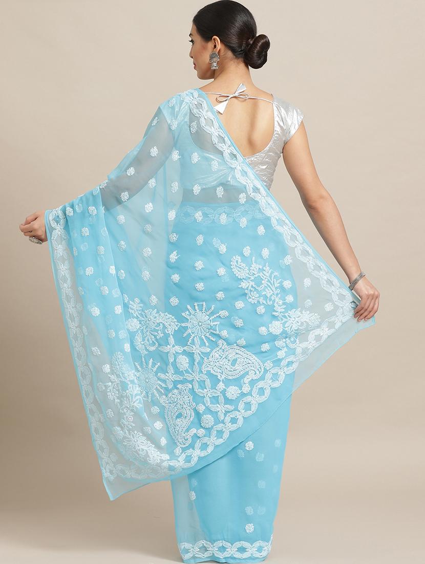 sky blue color georgette chikankari worked saree with blouse - 17248627 -  Standard Image - 1