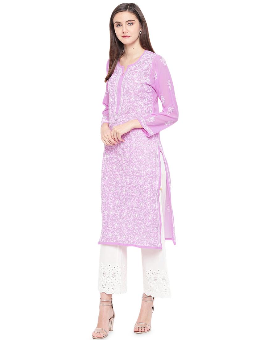 levender knee length georgette women chikankari straight kurta - 17257932 - Standard Image - 1
