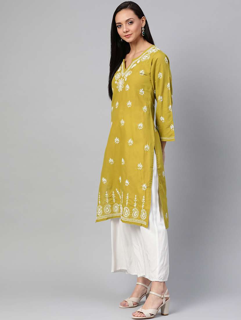 mustard color cotton knee length chikankari kurta - 17258780 - Standard Image - 1