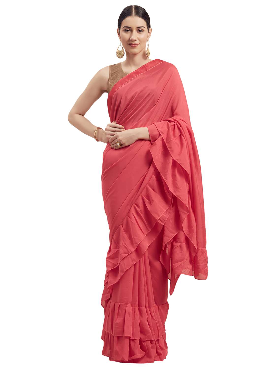 ruffle solid plain saree with blouse