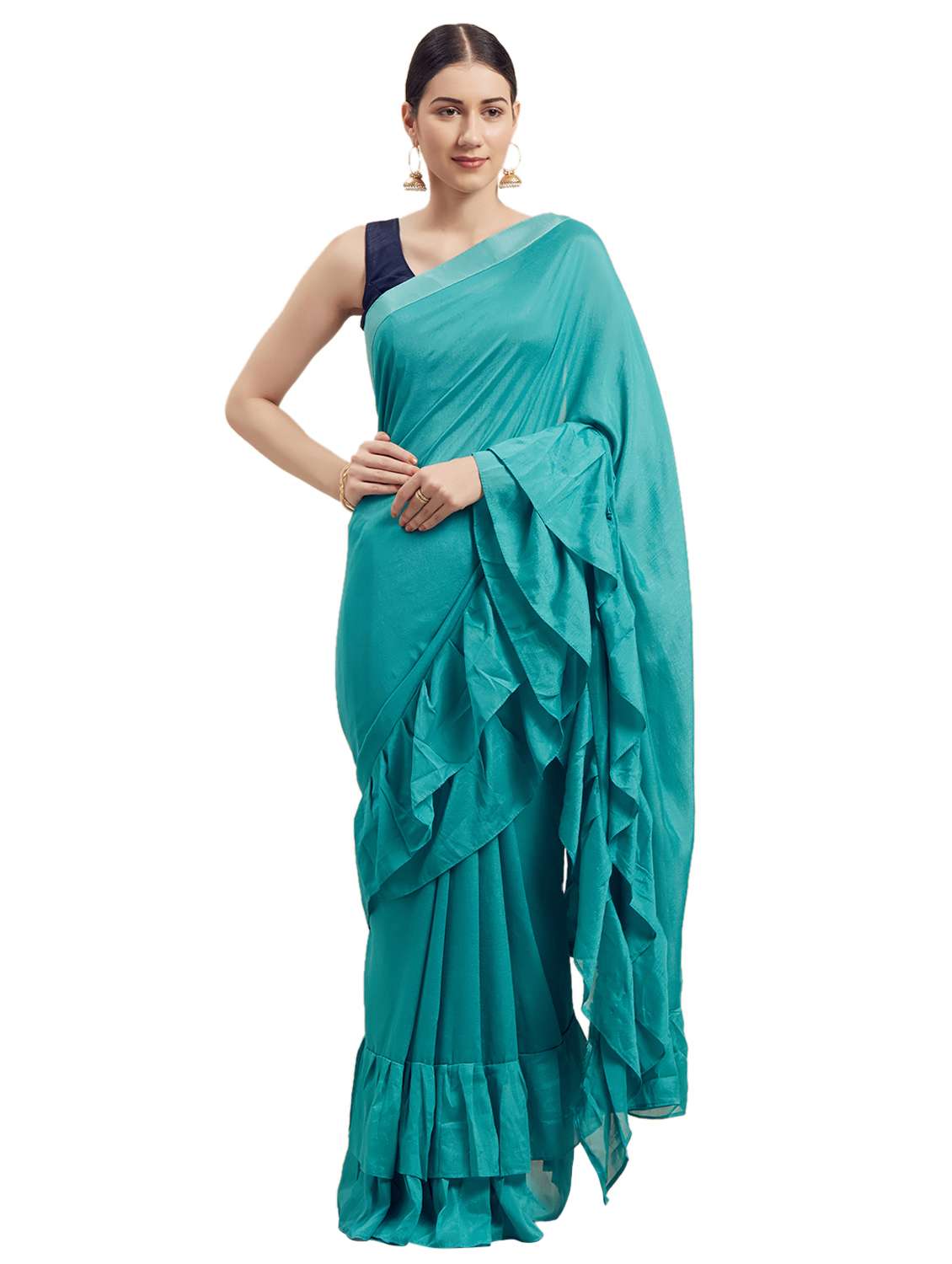 turquoise georgette plain saree with blouse