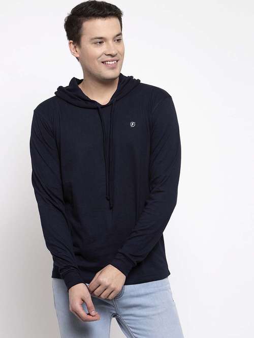 men navy solid regular fit solid hooded t-shirt - 17263988 - Standard Image - 0