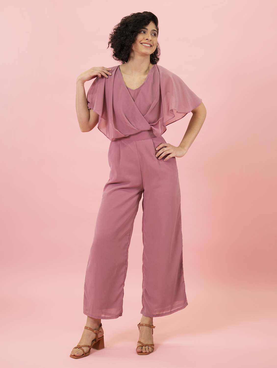 cape sleeved pleated full leg jumpsuit