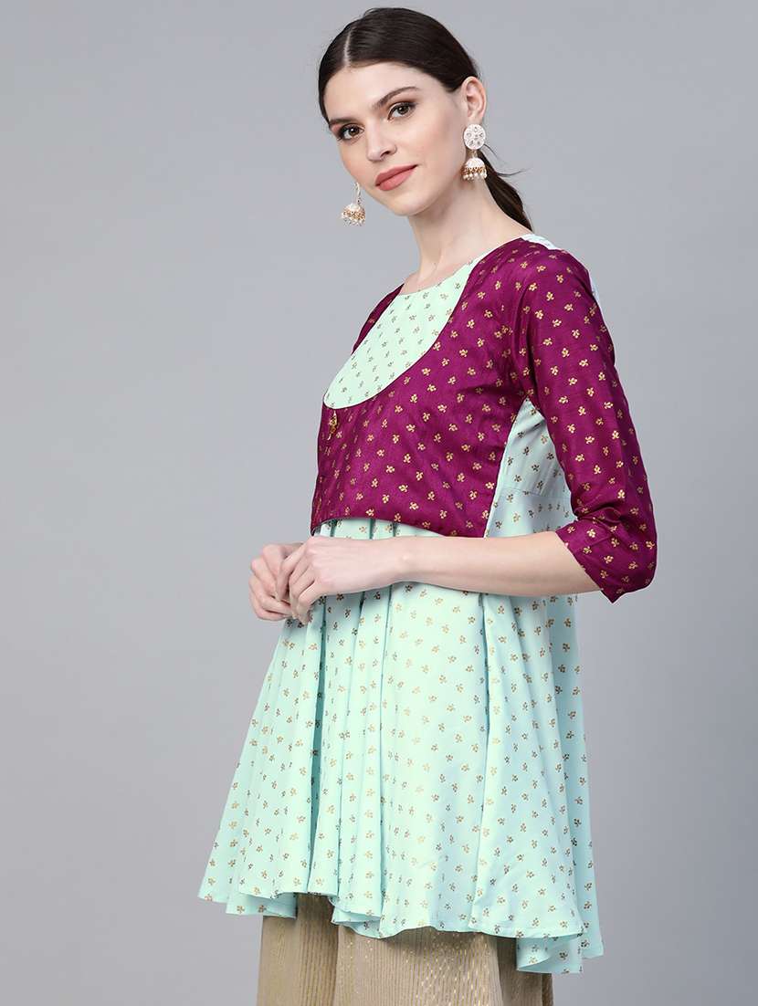 contrast yoke gold print flared kurti  - 17282479 -  Standard Image - 1