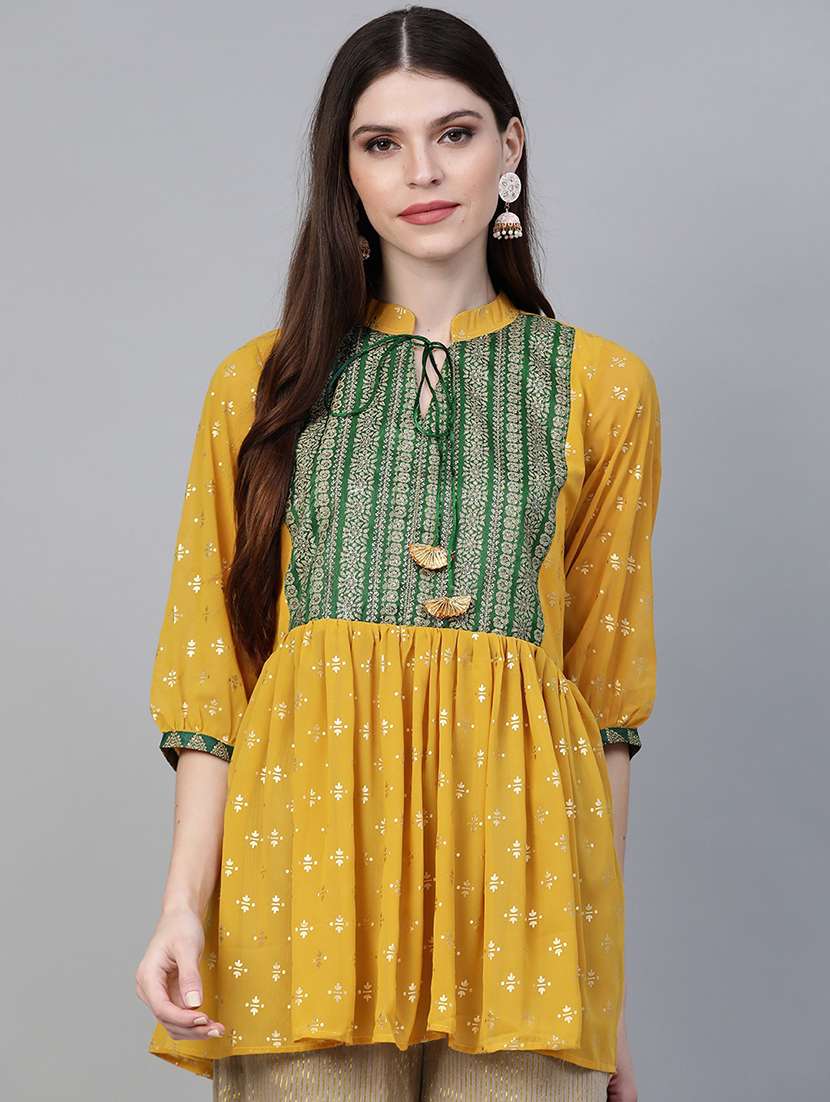 contrast yoke gold print flared kurti 