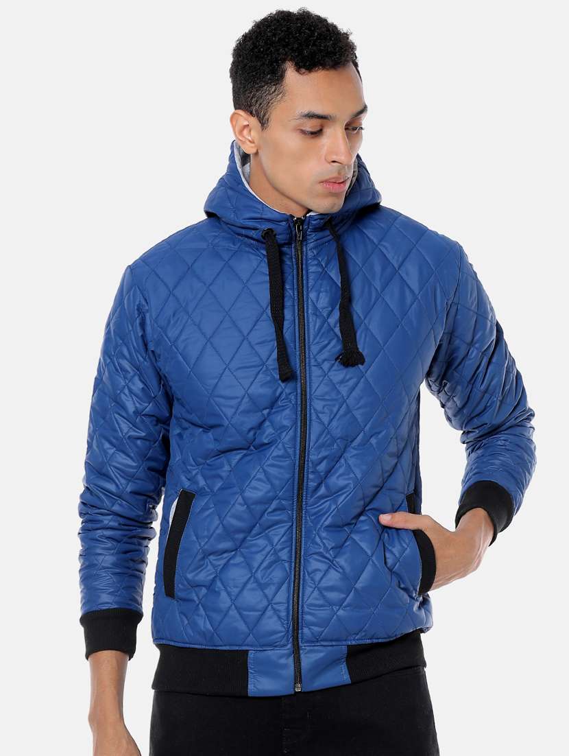 blue solid quilted jacket