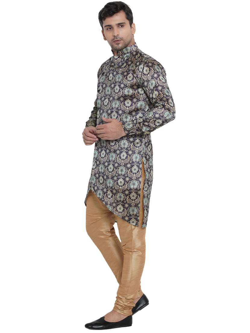 blue printed silk blend asymmetric kurta - 17287451 -  Standard Image - 1