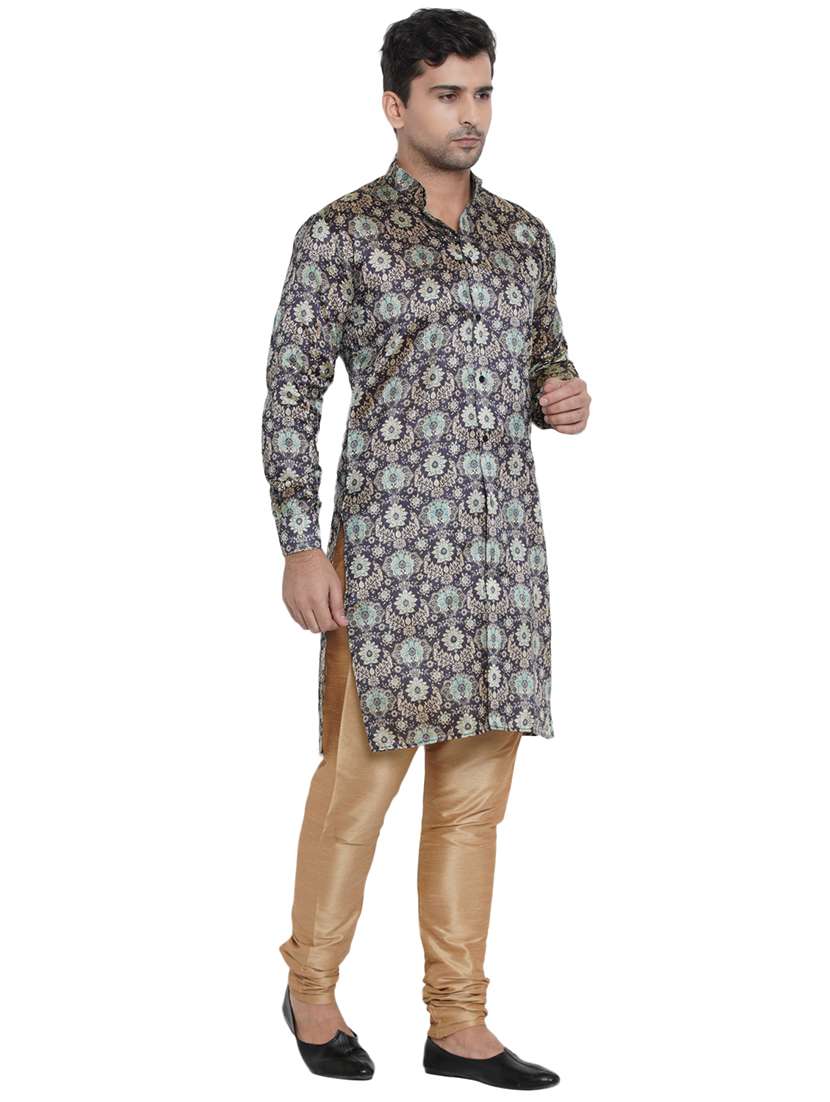 navy blue printed silk blend long kurta - 17287454 - Standard Image - 1
