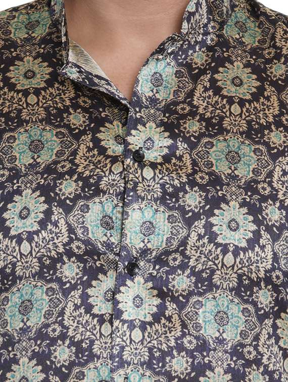 navy blue printed silk blend long kurta - 17287454 - Standard Image - 4