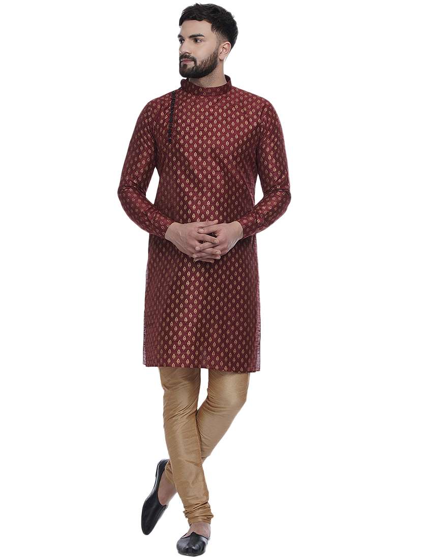 maroon self design silk blend long kurta