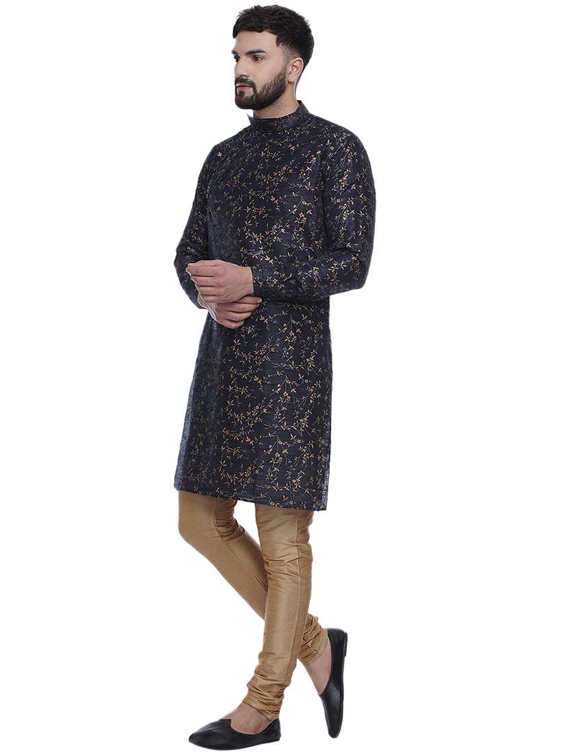 navy blue self design silk blend long kurta - 17287466 -  Standard Image - 1