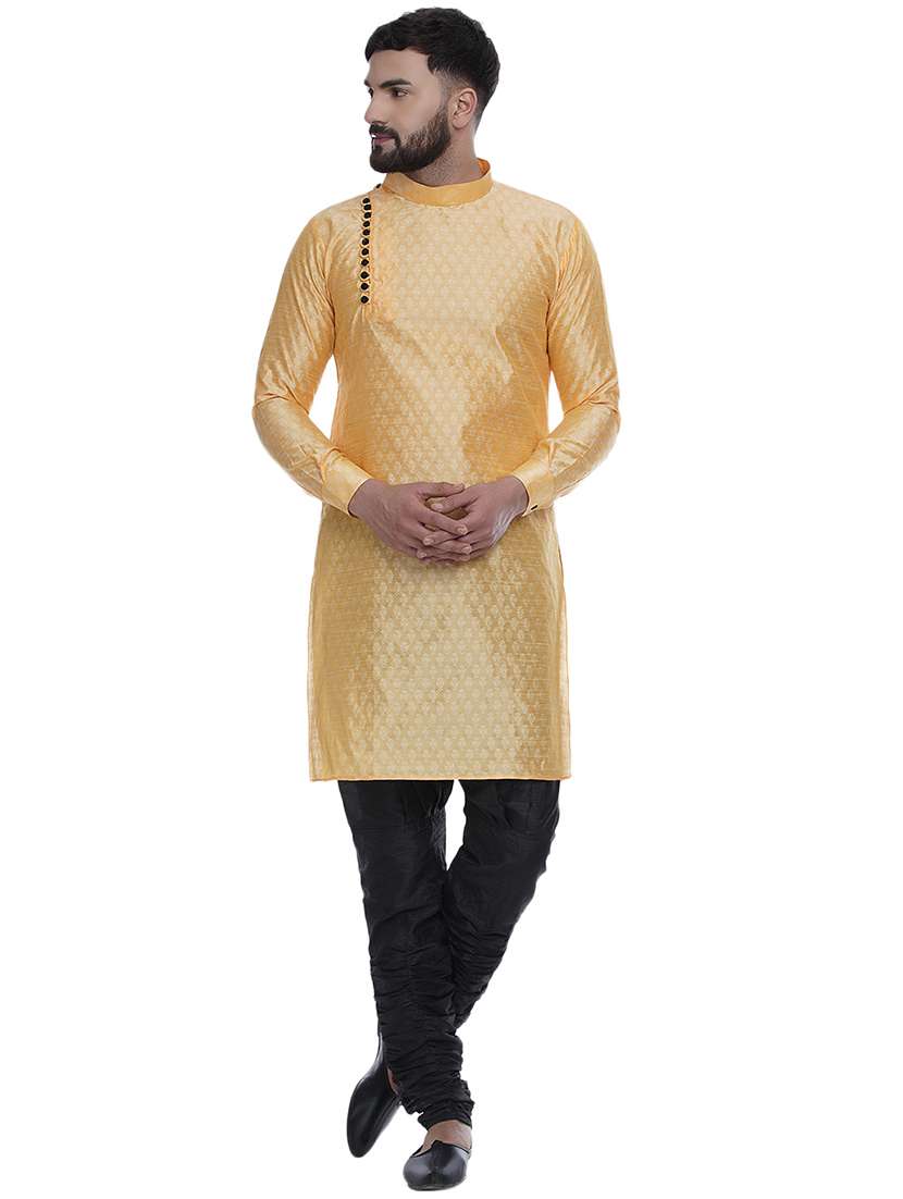 yellow jacquard silk blend long kurta
