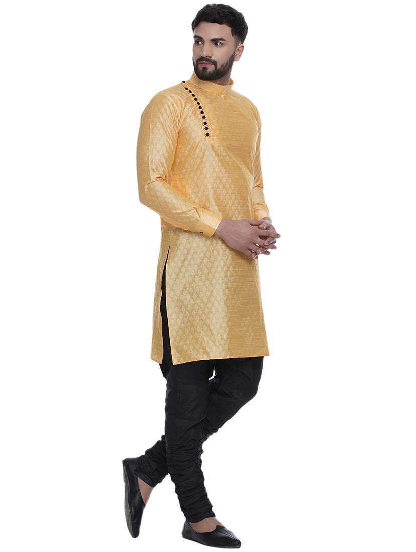 yellow jacquard silk blend long kurta - 17287475 - Standard Image - 1