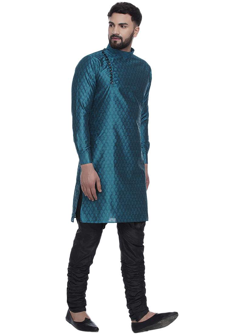 teal jacquard silk blend long kurta - 17287476 - Standard Image - 1