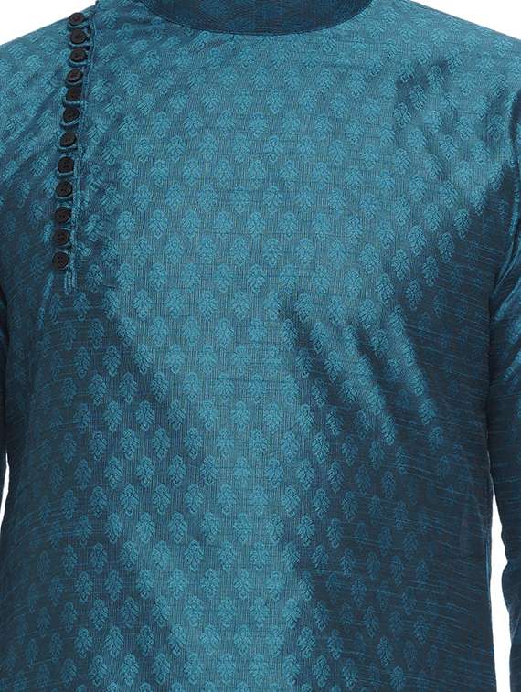 teal jacquard silk blend long kurta - 17287476 - Standard Image - 4