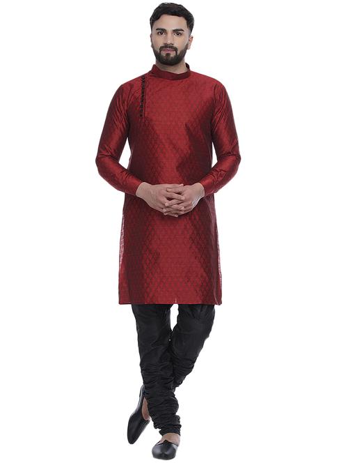 maroon jacquard silk blend long kurta - 17287477 -  Standard Image - 0