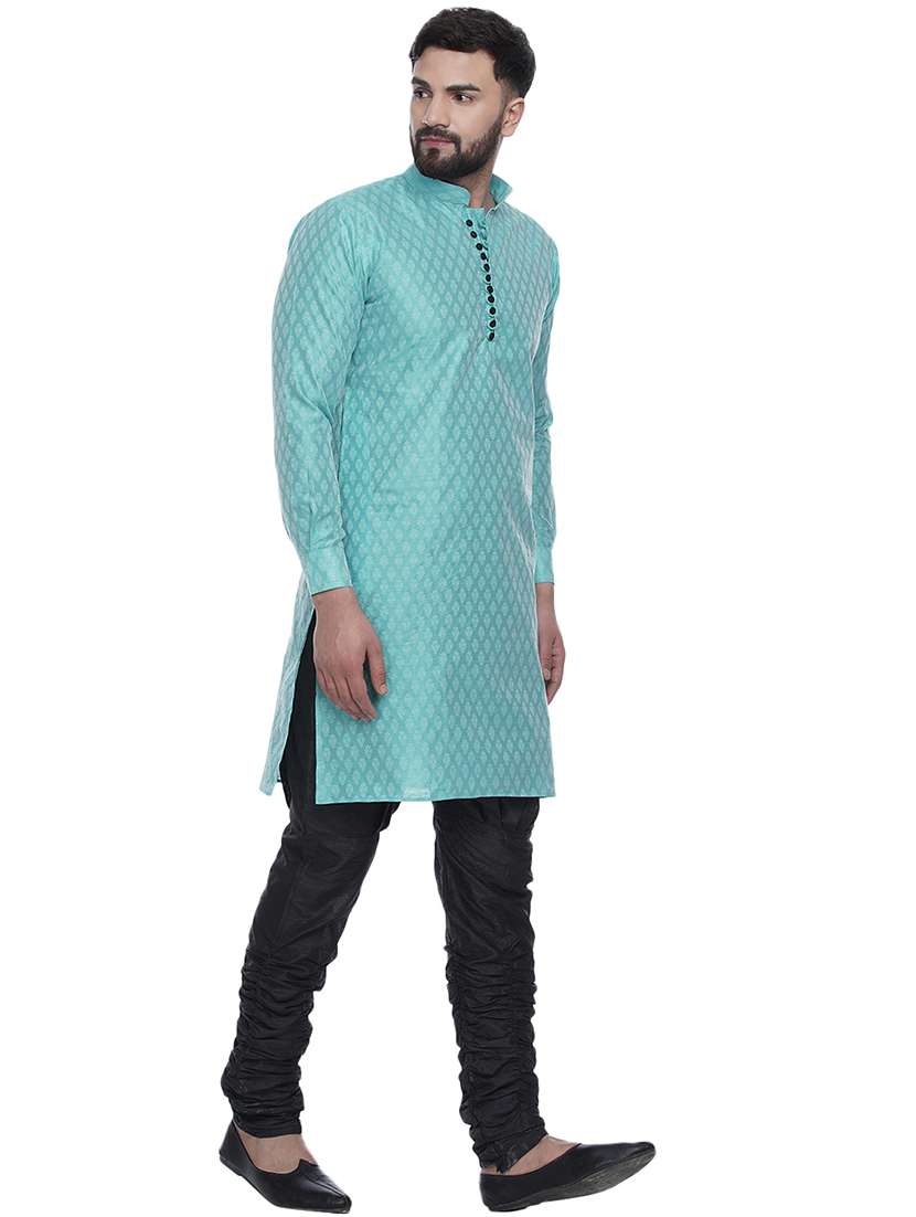 men light blue jacquard silk blend long kurta - 17287480 -  Standard Image - 1