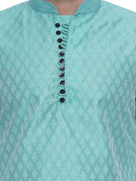 men light blue jacquard silk blend long kurta - 17287480 -  Standard Image - 4