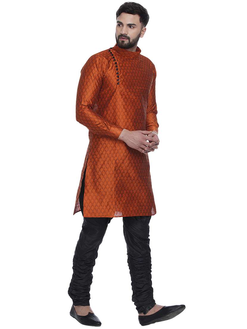 rust jacquard silk blend long kurta - 17287482 - Standard Image - 1