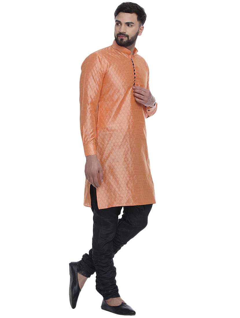 peach jacquard silk blend long kurta - 17287483 -  Standard Image - 1