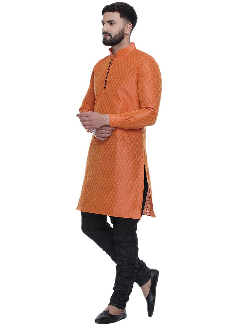 orange jacquard silk blend long kurta - 17287484 - Standard Image - 1