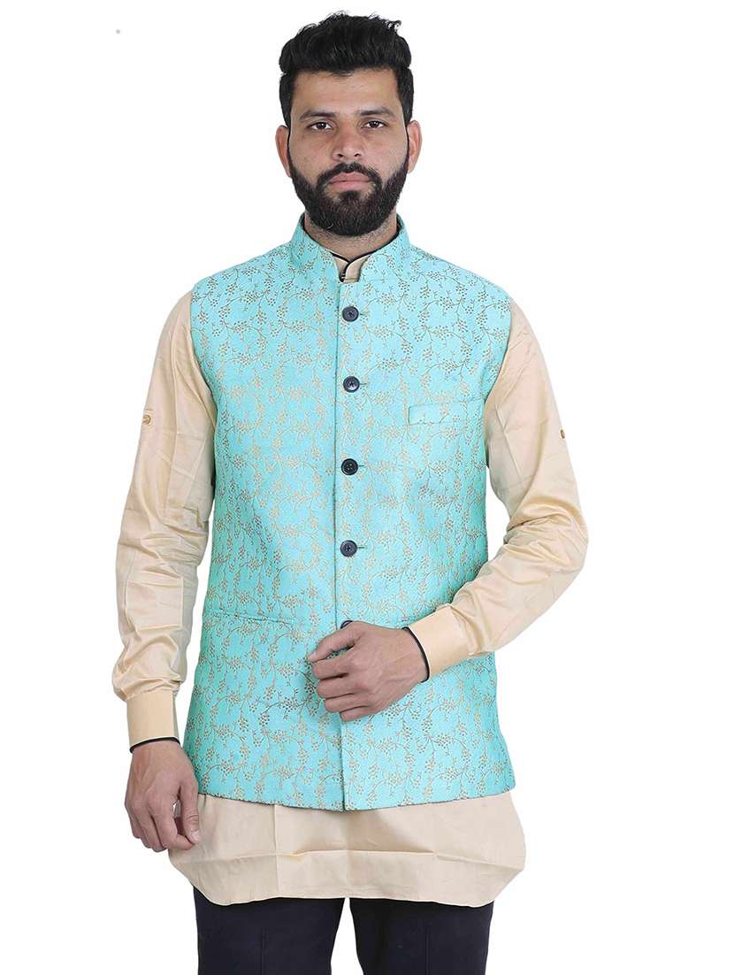 blue self design nehru jacket