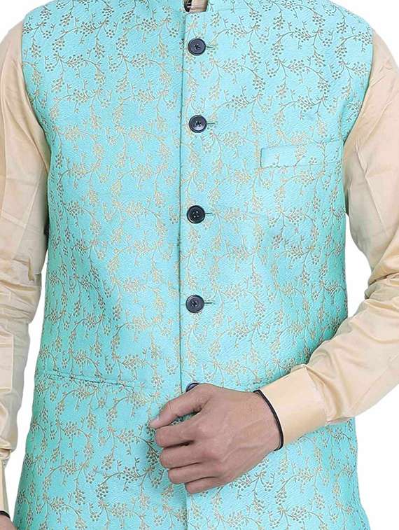 blue self design nehru jacket - 17287532 -  Standard Image - 4
