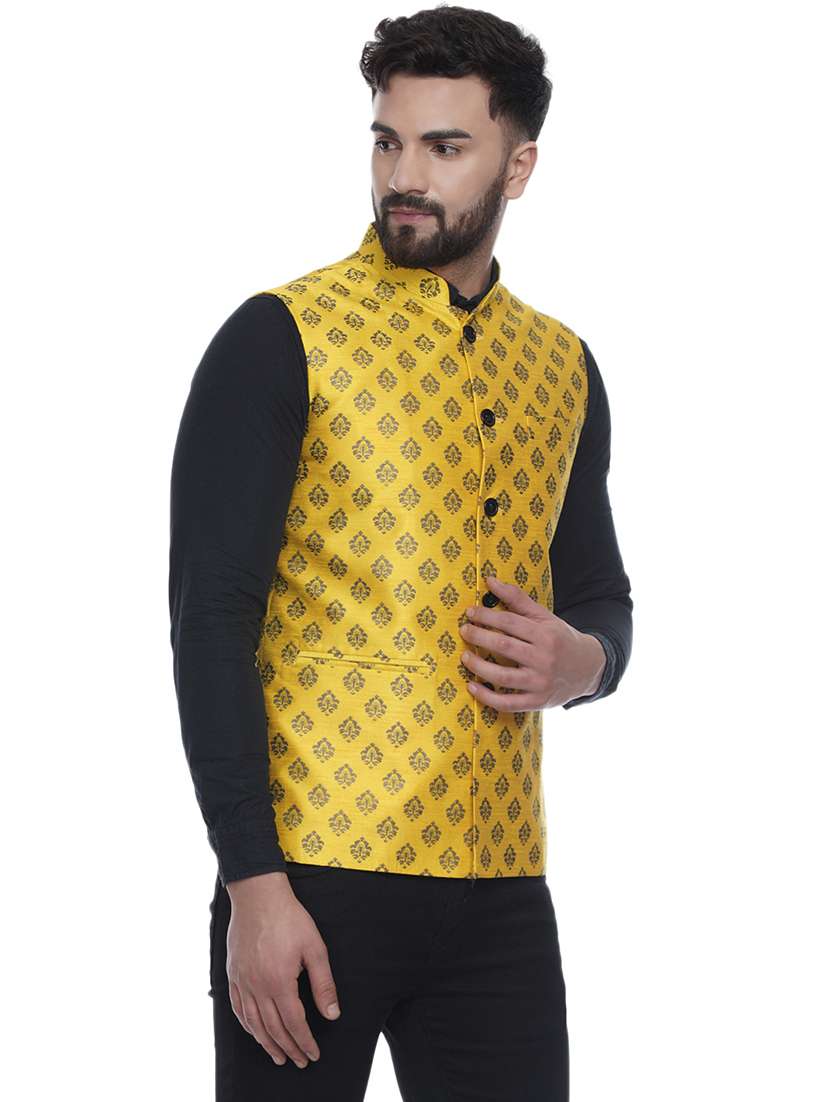 yellow printed silk nehru jacket - 17287553 -  Standard Image - 1