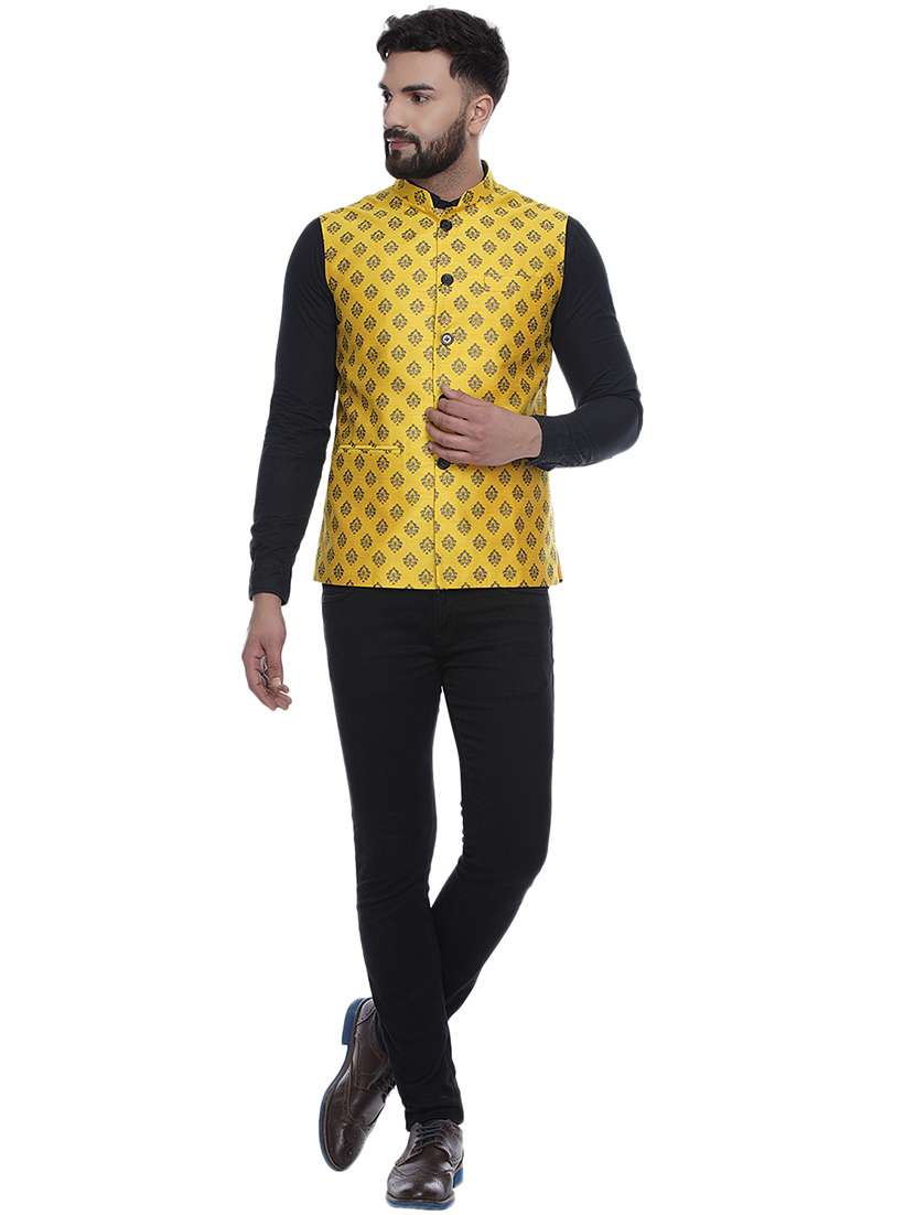 yellow printed silk nehru jacket - 17287553 -  Standard Image - 4