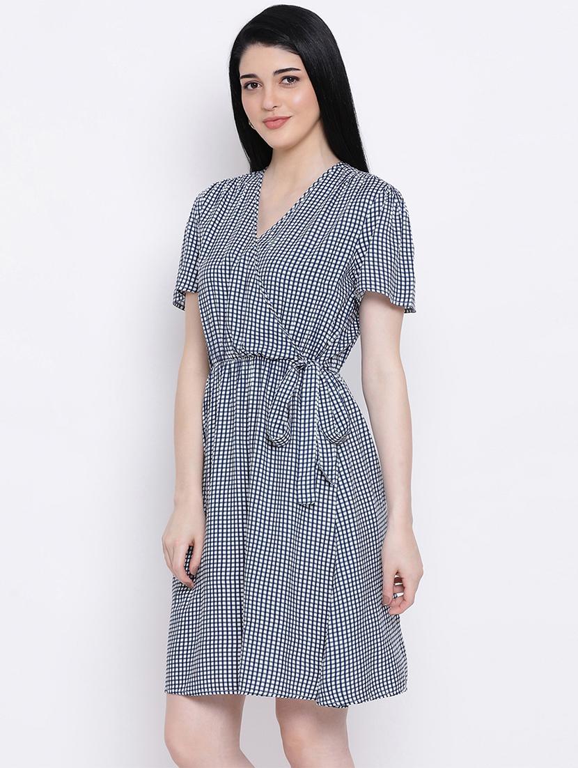 overlap neck checkered a-line dress - 17288482 - Standard Image - 1