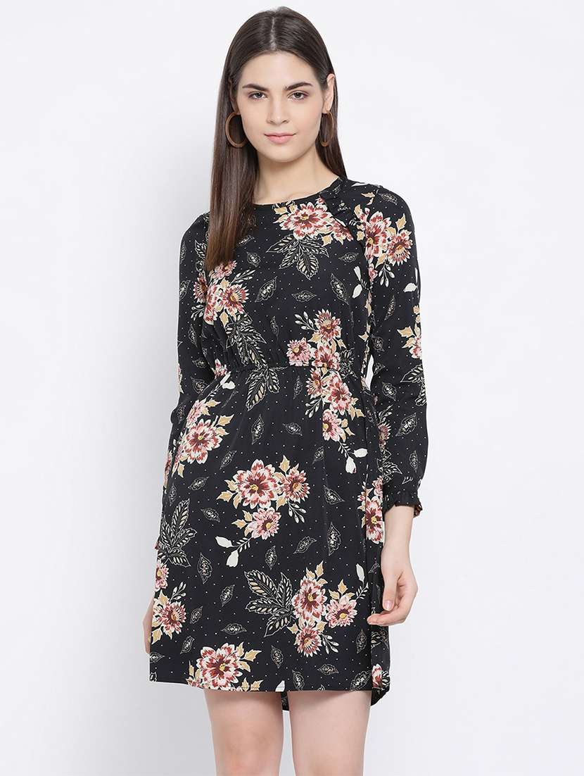 long sleeves floral a-line dress