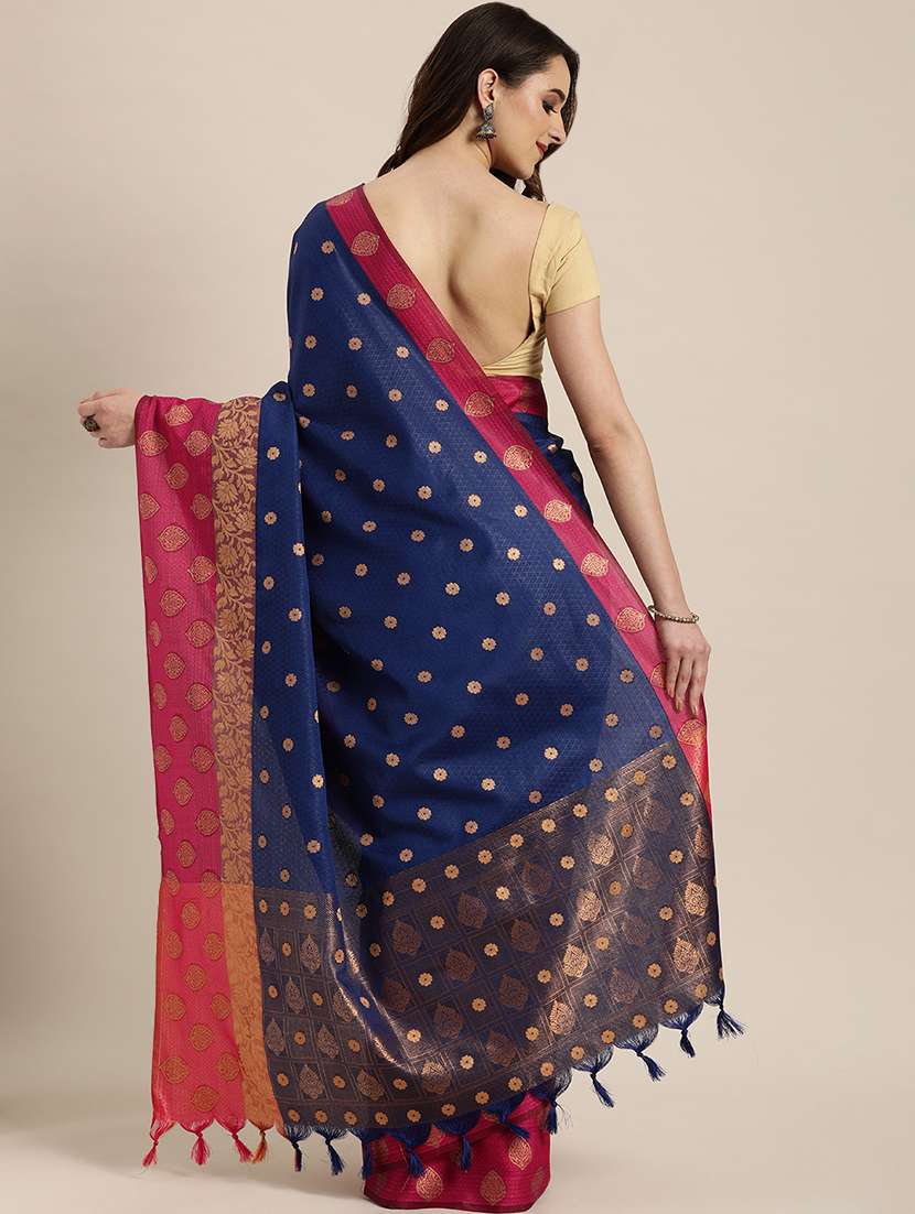 navy silk blend kanjivaram saree with blouse - 17290153 -  Standard Image - 1