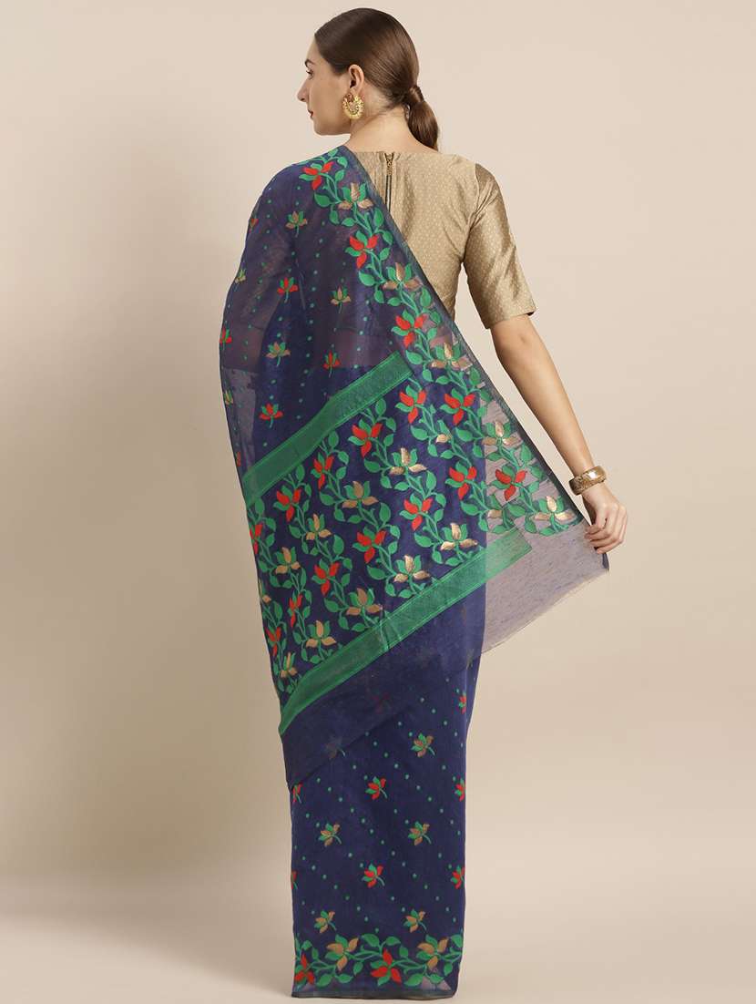 navy cotton jamdani saree with blouse - 17290179 -  Standard Image - 1
