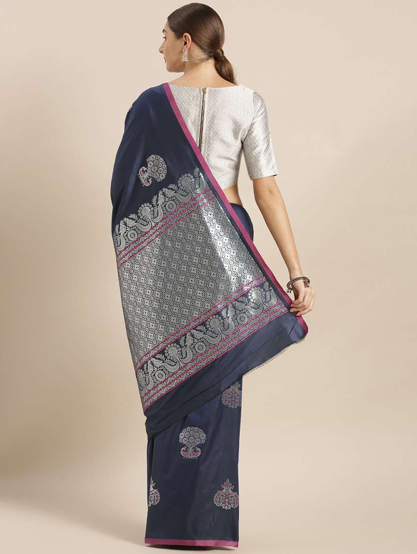 navy silk blend banarasi saree with blouse - 17290226 -  Standard Image - 1