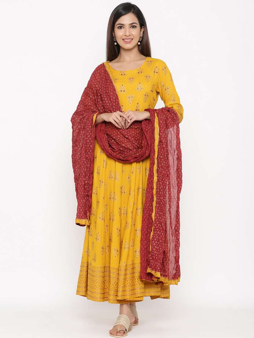 gold print kurta dupatta set