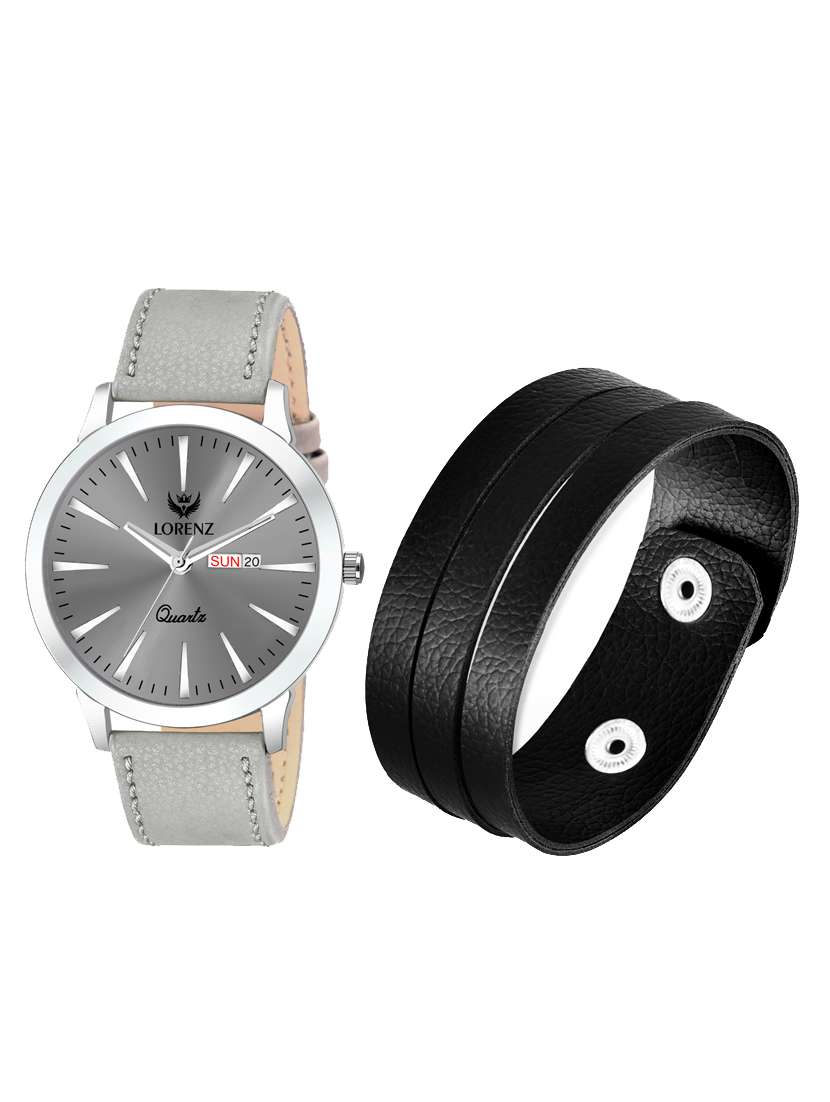 lorenz analog grey dial slim watch & leather bracelet for men\boys | 2045-br1