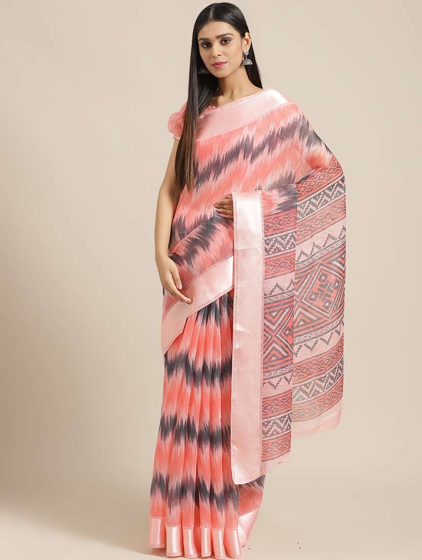 peach ikat printed saree with blouse