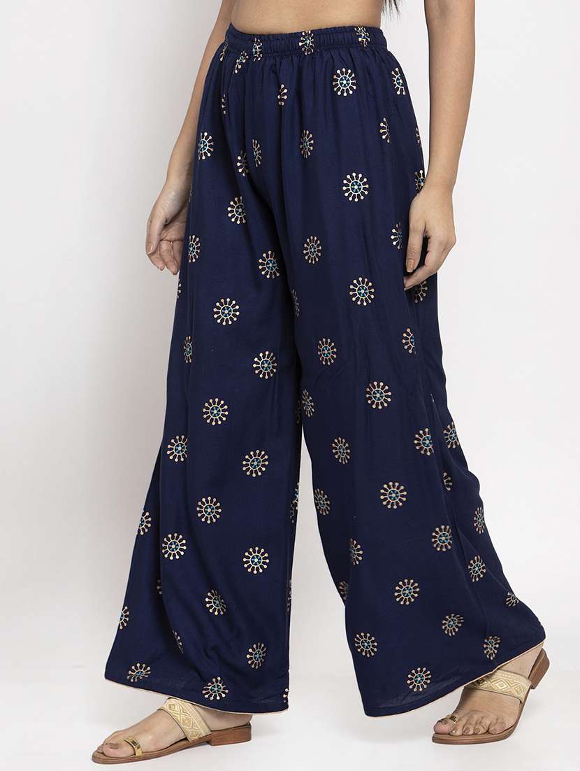 navy blue foil print straight palazzo - 17298378 -  Standard Image - 1