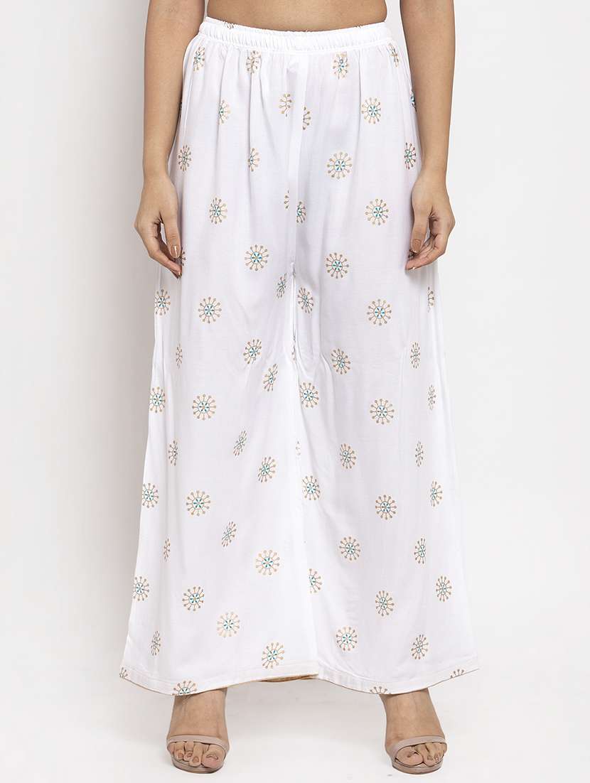 white printed flared palazzo