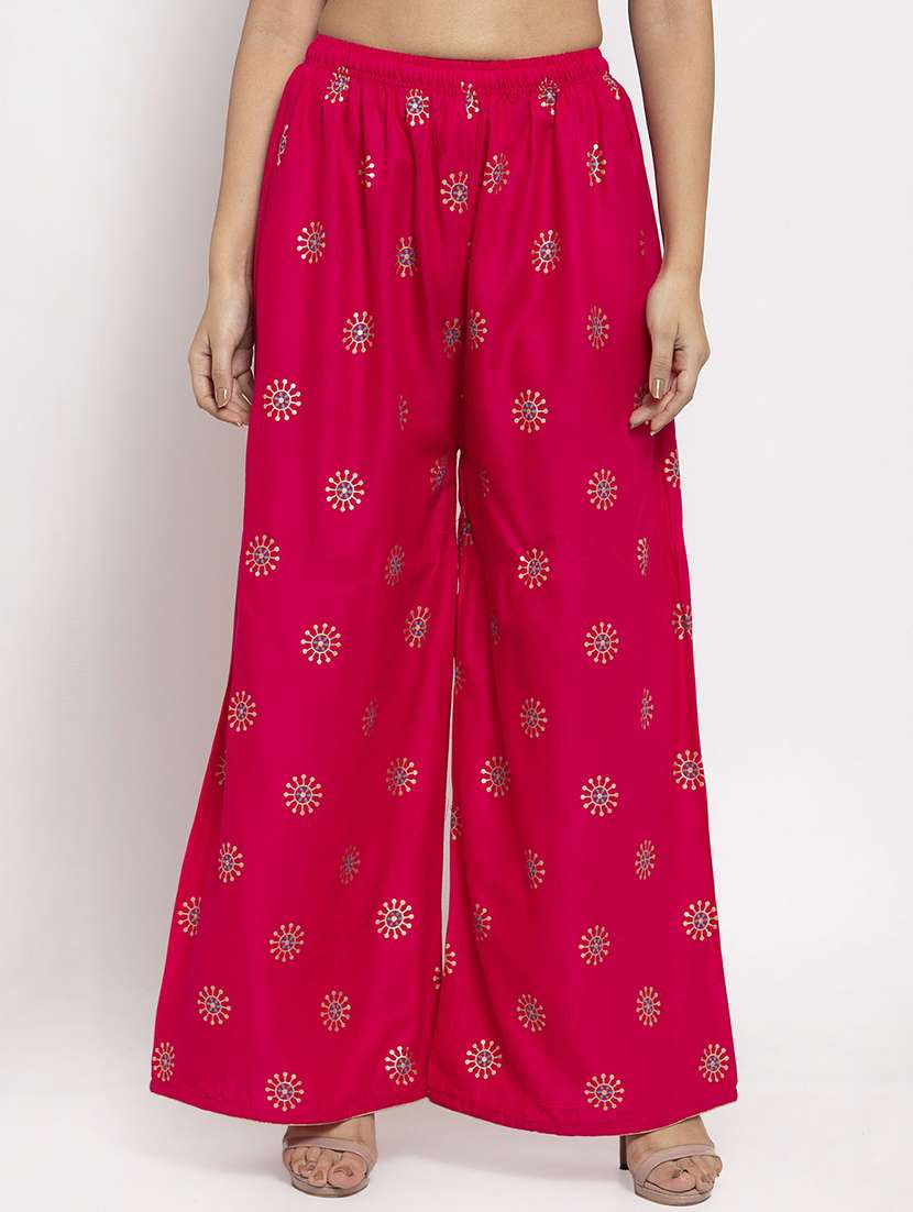 pink printed flared palazzo