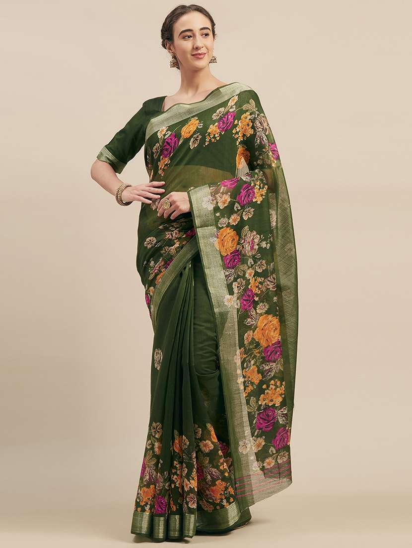women's floral green colored saree with blouse