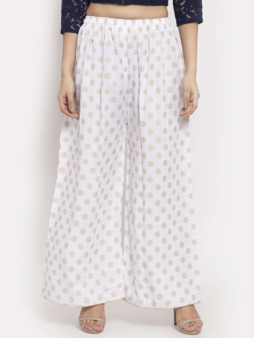white printed flared palazzo