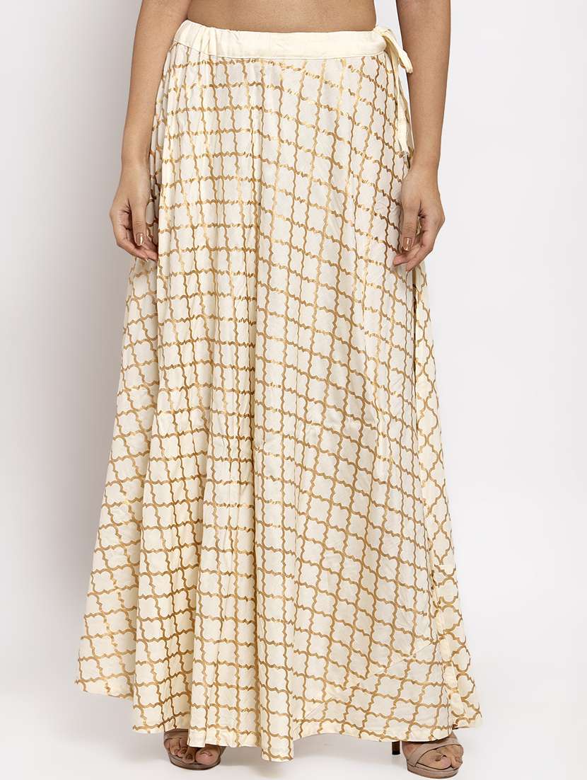 gold print flared skirt