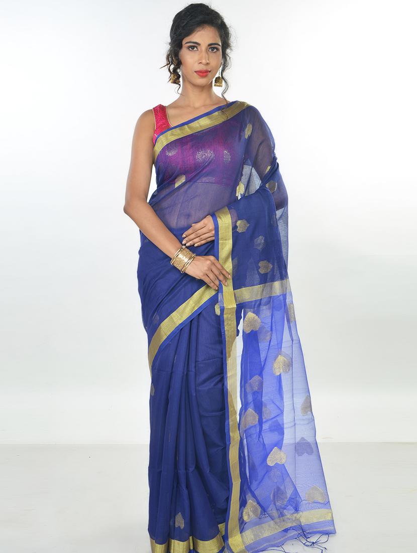 women's self design navy blue colored saree with blouse - 17326724 -  Zoom Image - 0