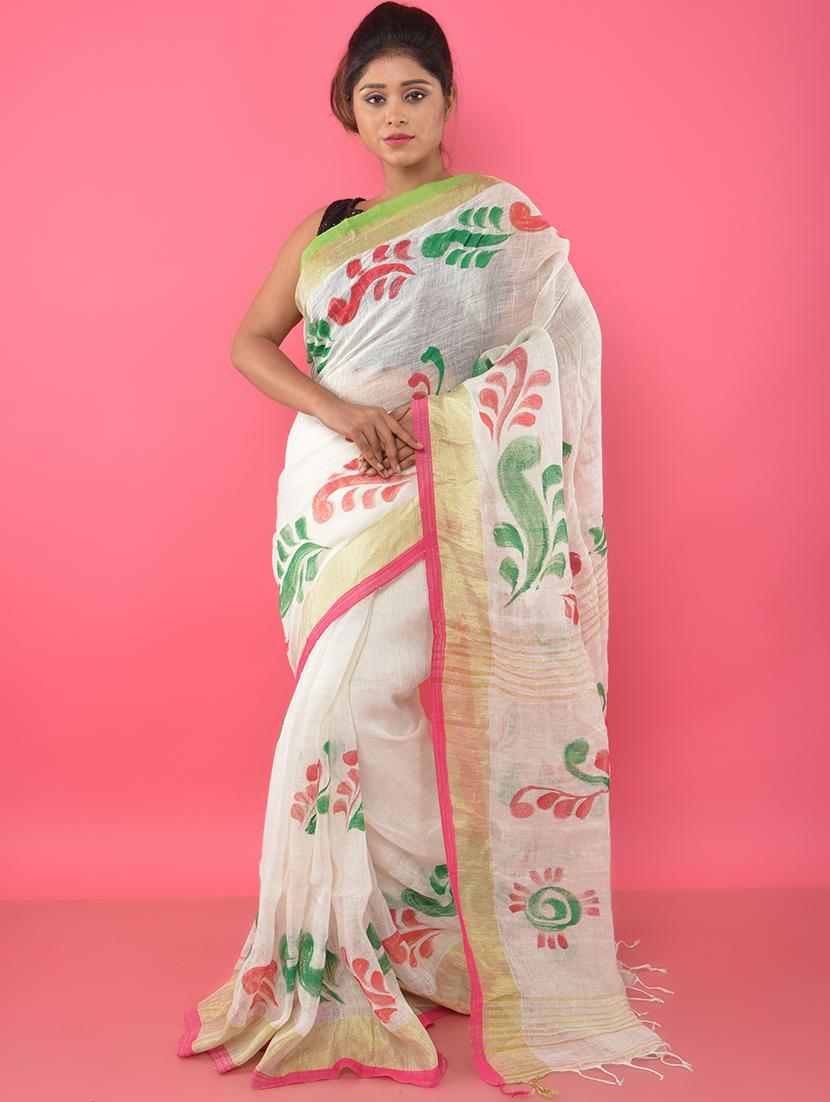 women's printed white colored saree with blouse - 17327354 - Zoom Image - 0